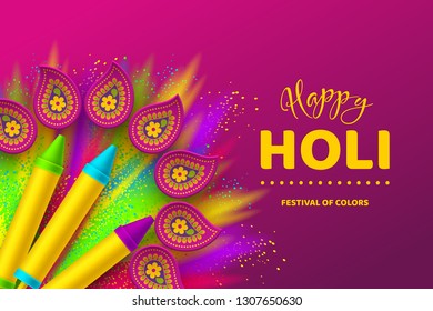 Happy Holi colorful background for celebration hindu Festival of Colors. 3d realistic holi pichkari with color splash and rangoli. Vector illustration.