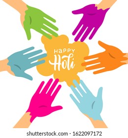 Happy Holi colorful background with circle of hands stained with paint. Party banner for color festival. Vector illustration on white background with color spot and lettering.