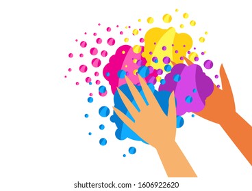 Happy Holi colorful background with hands and paint. Party banner for color festival.