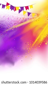 Happy Holi colorful background with realistic  powder paint clouds and decorative flags. Purple and yellow powder paint. Vector illustration