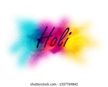 Happy Holi colorful background with realistic powder paint clouds and calligraphic text.Explosion of colored powder on white background Vector illustration - Vector