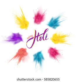 Happy Holi colorful background with realistic  powder paint clouds and calligraphic text. Blue, yellow and violet powder paint. Vector illustration