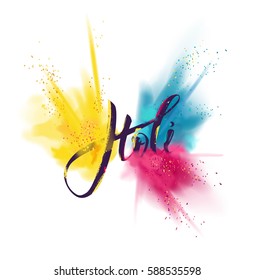 Happy Holi colorful background with realistic  powder paint clouds and calligraphic text. Blue, yellow and violet powder paint. Vector illustration