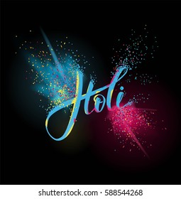 Happy Holi colorful background with realistic  powder paint clouds and calligraphic text. Blue and pink powder paint. Vector illustration