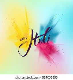 Happy Holi colorful background with realistic  powder paint clouds and calligraphic text. Blue, yellow and violet powder paint. Vector illustration
