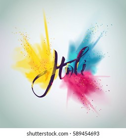 Happy Holi colorful background with realistic  powder paint clouds and calligraphic text. Blue, yellow and violet powder paint. Vector illustration