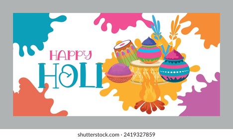 Happy Holi colorful banner template indian hinduism festival celebration, social media poster design and horizontal banner template for holi festival celebration