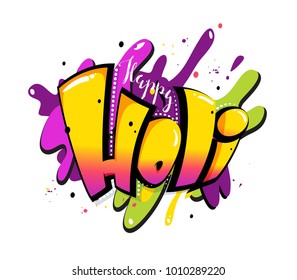 Happy holi colorful calligraphic lettering poster. Colorful hand written font with paint/ink splatters. Vector illustration