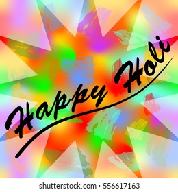 Happy holi colorful grunge background with inscription Happy holi, wild colorful splashes in semitransparent star shape, Vector eps10