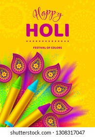 Happy Holi colorful poster for celebration hindu Festival of Colors. 3d realistic holi pichkari with color splash and rangoli. Vector illustration.