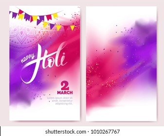 Happy Holi colorful posters with realistic  powder paint clouds and calligraphic text. Pink and  purple powder paint. Vector illustration