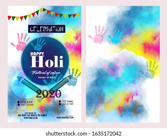 Happy Holi colorful posters with realistic powder clouds and calligraphic text. Pink and blue powde.Tuesday, 10 March