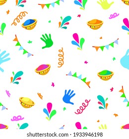 Feliz Holi colorido patrón sin costuras. Ilustración de baldes con pintura, cañones de agua, banderas, manchas y manchas.
