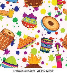 Happy Holi colorful seamless pattern. Illustration of buckets with paint, water guns, flags, blots and stains., sweets and Bhang