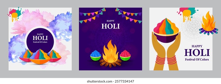 Happy Holi! Colorful tubs, vibrant splashes, fire, and festive illustrations for a joyful celebration.