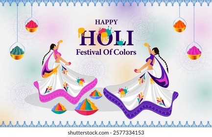 Happy Holi! Colorful tubs, vibrant splashes, fire, and festive illustrations for a joyful celebration.