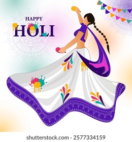 Happy Holi! Colorful tubs, vibrant splashes, fire, and festive illustrations for a joyful celebration.