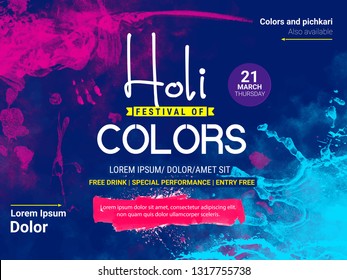 Happy holi, Holi Colors, colorful splash ,abstract design decorated Poster, Banner or Flyer for Indian Colour Festival,with colorful background