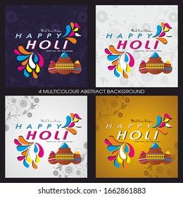 Happy Holi colourful greeting card With Four multicolour traditional design illustration Vector background