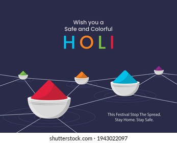 Happy Holi colourful Vector Graphic Illustration with keep social distancing message for COVID-19 Pandamic Corona Virus Safety Precautions with Festival of Colors, Dhulivandan, Rangpanchami wishes.