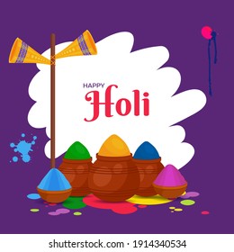 Feliz Concepto De Holi Con Potes De Barro, Tazas De Color Seco (Polvo) Y Altavoz Sobre Fondo Blanco Y Púrpura.