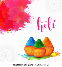 Happy Holi Concept with Traditional Pot with Full Of Powder Color and Splash.