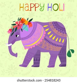 Happy Holi - concept vector card-Indian festival Happy Holi celebrations -with cute elephant Design in a colorful style.