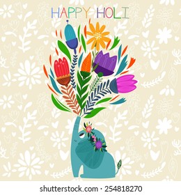 Happy Holi - concept vector card-Indian festival Happy Holi celebrations -with cute elephant Design in a colorful style.