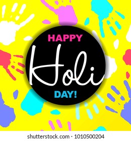 Happy Holi Day card or background in trendy style. 
Colorful powder explosion with color hands.
Seamless pattern and flat hipster graphic template.
Vector Illustration