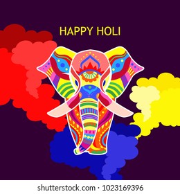 Happy holi day. Colorful holiday of colors with elephant on black.