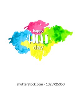 Happy HOLI Day lettering watercolor banner with hand drawn textured splashes. Hindu, Dhulandi, Rangpanchami festival card. Painted blust, powder explosion, fluid. Vector illustration EPS 10 file.