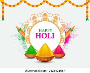 Happy holi decorative background. holi mandala with colors pot and color gun