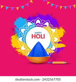 Fondo decorativo de holi feliz. Holi mandala saludo con gulal y pichkar
