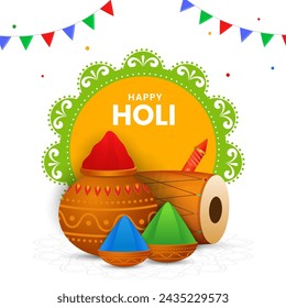Happy holi dekorativer Hintergrund. holi mandala mit Farben Topf und Farbpistole