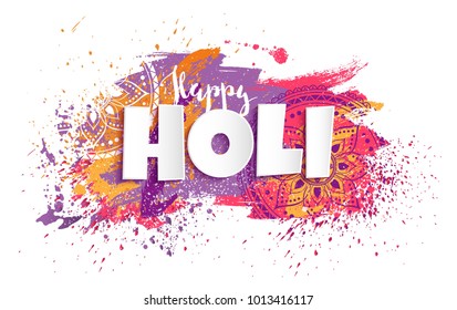 Happy Holi design with colorful paint splatters. Vector illustration