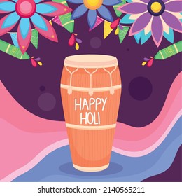 happy holi design with conga drum and pichkaris