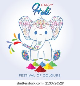 Happy Holi Design with Elephant on colorful floral, Holi Rangoli Design, Holi Duleti Colorful Festival with colorful powder - illustration of Holi Colorful Background with Elephant color floral Design