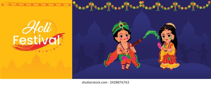 Happy Holi design template with Shri Radha Rani and Krishna ji playing holi with each other. Vector, Illustration, banner, poster, cover page, web holi template for Holi greetings.