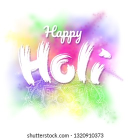 Happy holi design. Happy holi vector elements for card design with colorful Holi powder paint clouds and text. Yellow, pink, green and violet powder paint