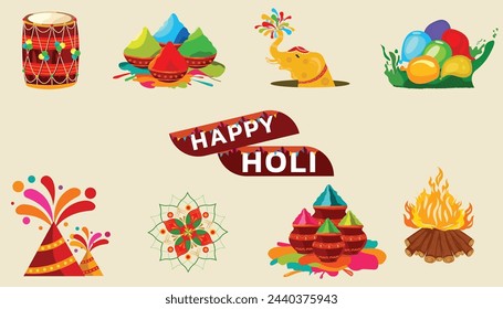 Happy Holi elements set of Dhol, Colors Balloon, Colors Crackers, Mandala, Pot of colors, happy Holi typography, elephant with colors. Use for website, social media post, banner, poster, party flyer.