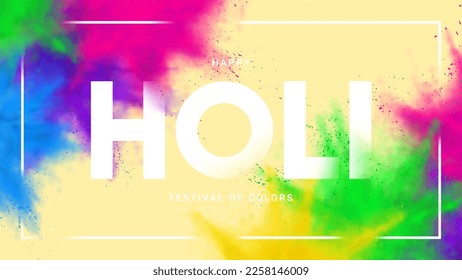 Happy holi festival background. Abstract explosions of colorful powders. Vector illustration for decoration of Holi event. Template of design for branding cover, card, poster or banner.