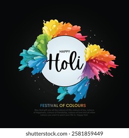 Happy Holi Festival Background Design with Color Powder Explosion on black. Creative Vector Illustration EPS10.