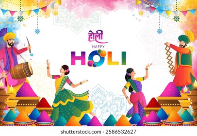 happy holi festival background with indian people dancing. vector eps 10