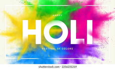 Happy holi festival banner. Abstract explosions of colorful powders. Vector illustration for decoration of Holi event. Template of design for branding cover, card, poster or banner.