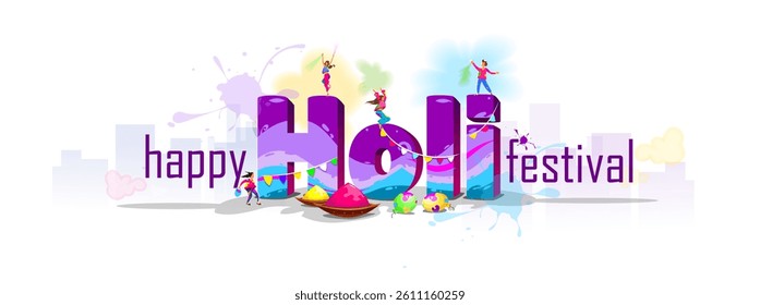 Happy Holi festival. Banner with cityscape and dancing people on lettering. Design element for celebrating traditional Indian festival of colors. Watercolor vector illustration isolated on background