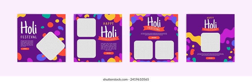 Happy Holi festival banner design. Social media post for Holi festival. Banner for Holi festival with powder ornaments and colorful paint splashes.