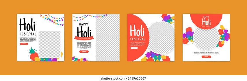 Happy Holi festival banner design. Social media post for Holi festival. Banner for Holi festival with powder ornaments and colorful paint splashes.