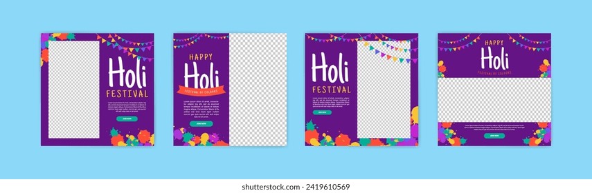 Happy Holi festival banner design. Social media post for Holi festival. Banner for Holi festival with powder ornaments and colorful paint splashes.