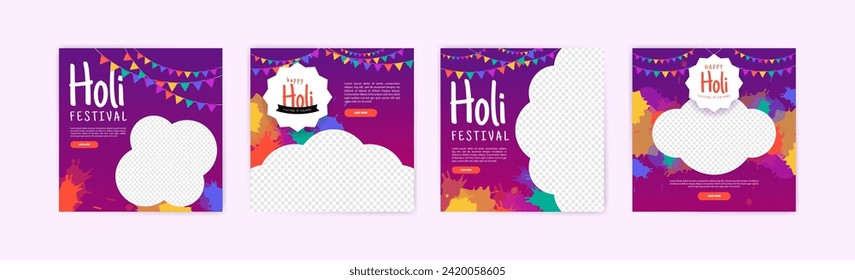 Happy Holi festival banner design. Social media post for Holi festival. Banner for Holi festival with powder ornaments and colorful paint splashes.