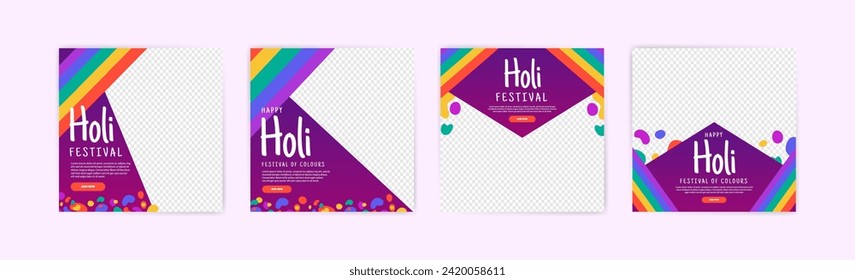 Happy Holi festival banner design. Social media post for Holi festival. Banner for Holi festival with powder ornaments and colorful paint splashes.